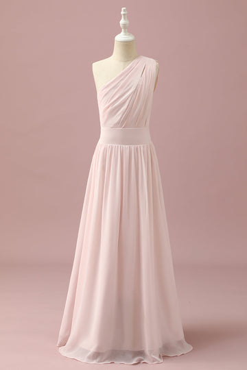 Jasnoróżowy szyfon na jedno ramię Junior Bridesmaid Dress